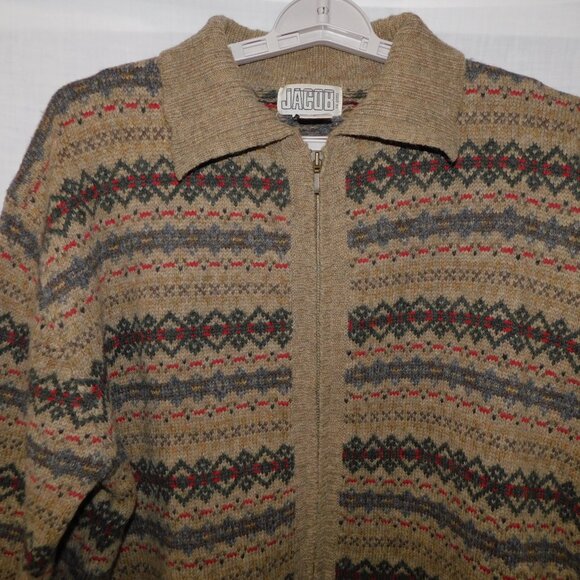 VTG Jacob Womens L Brown Red Wool Nordic Full Zip Cardigan Sweater with Collar - Picture 2 of 8